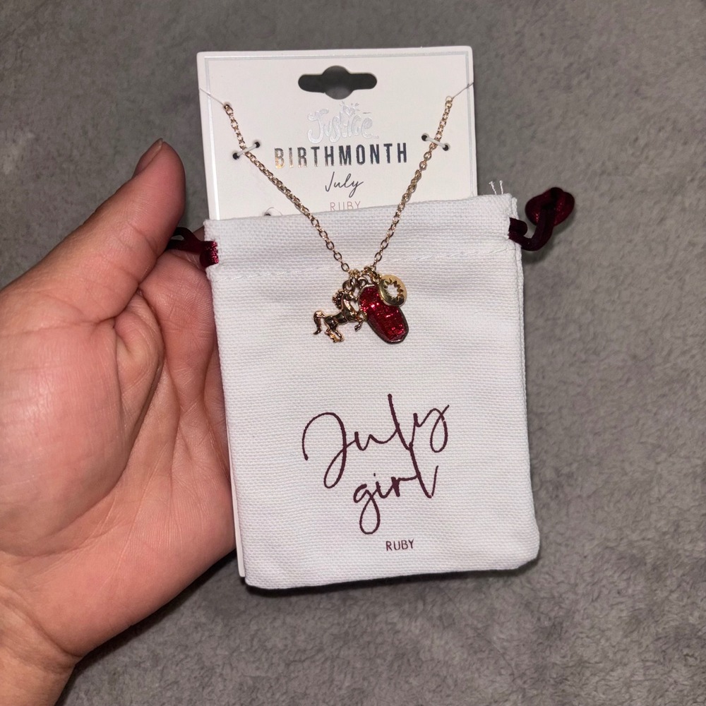 Justice Birthmonth July Ruby Necklace Gold Tone Unicorn Slipper Charms NWT